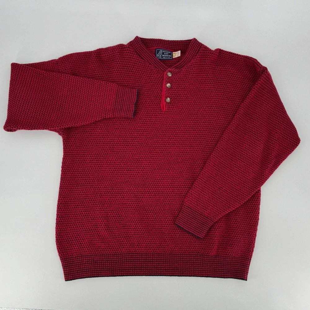 Peconic‎ Bay Traders Men's Large Red Chunky Knit Henley Sweater Made USA
